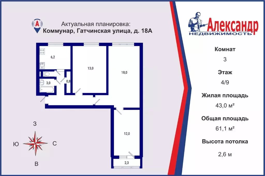 3-к кв. Ленинградская область, Коммунар Гатчинский район, Гатчинская ... - Фото 0