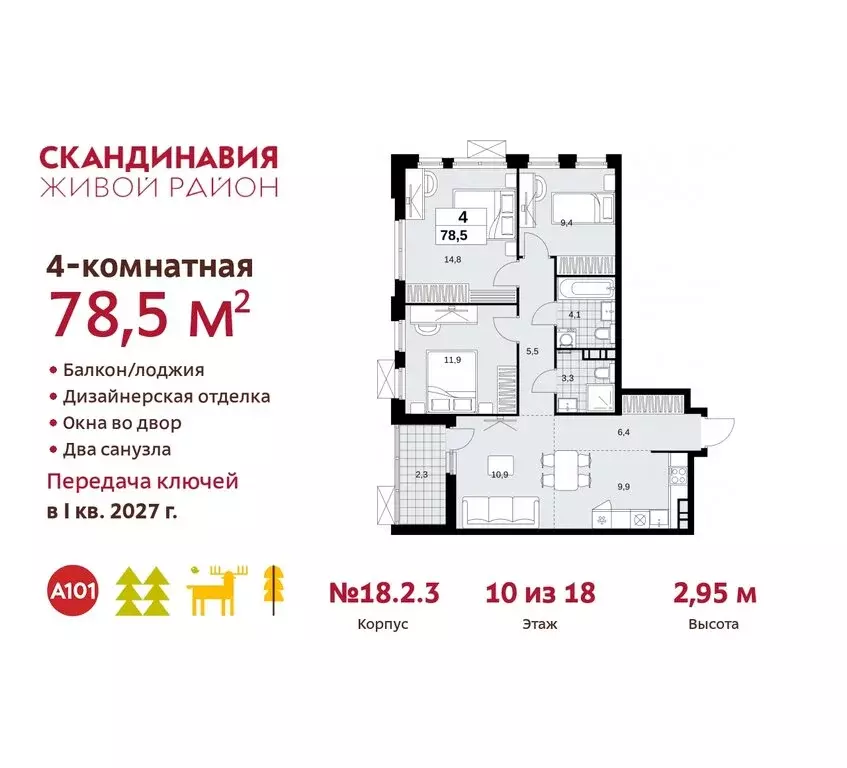 4-комнатная квартира: жилой комплекс Скандинавия, 18.2.2 (78.5 м) - Фото 0