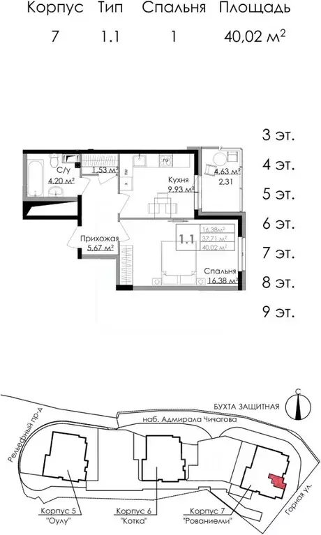 1-к кв. Ленинградская область, Выборг наб. Адмирала Чичагова, 6 (41.0 ... - Фото 1