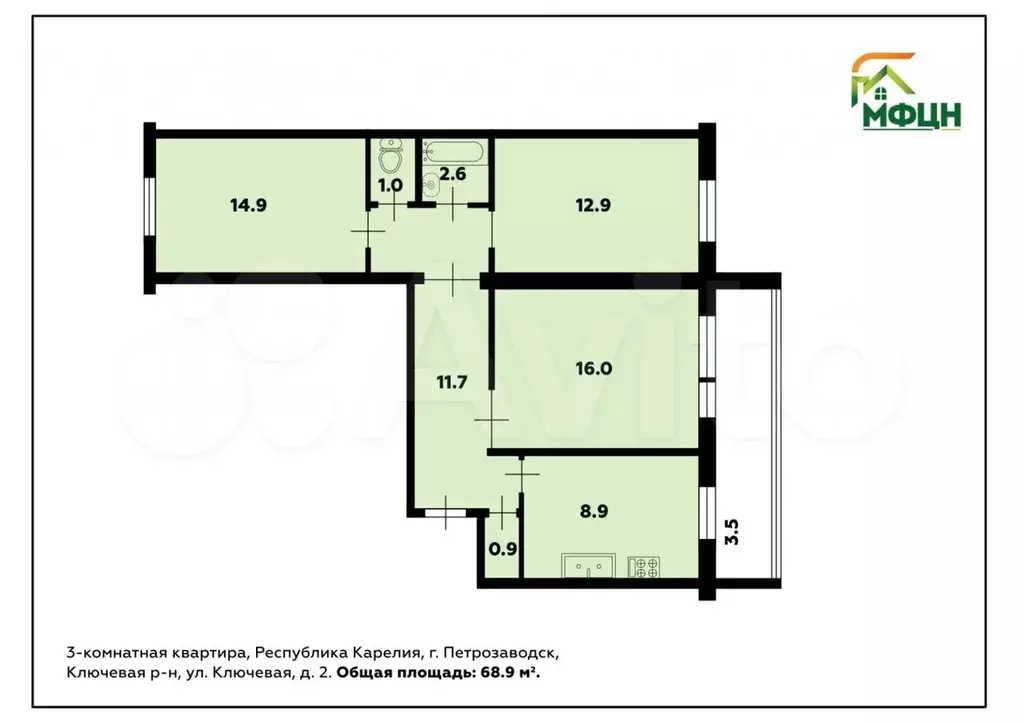 3-к. квартира, 68,9 м, 4/5 эт. - Фото 0