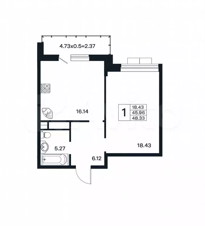 1-к. квартира, 48,3 м, 1/10 эт. - Фото 1