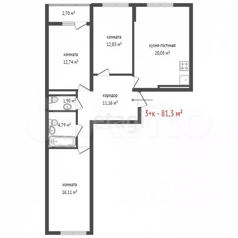 3-к. квартира, 81,4 м, 2/8 эт. - Фото 0