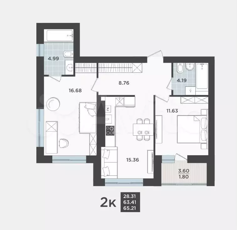 2-к. квартира, 63,4 м, 5/9 эт. - Фото 1