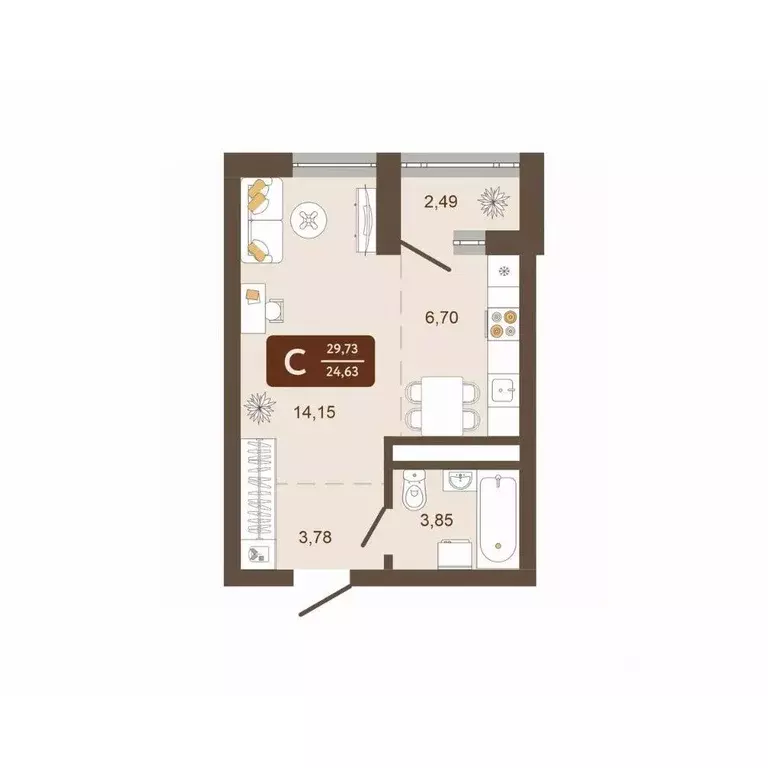 Студия Кемеровская область, Новокузнецк Макеевская ул. (29.73 м) - Фото 2