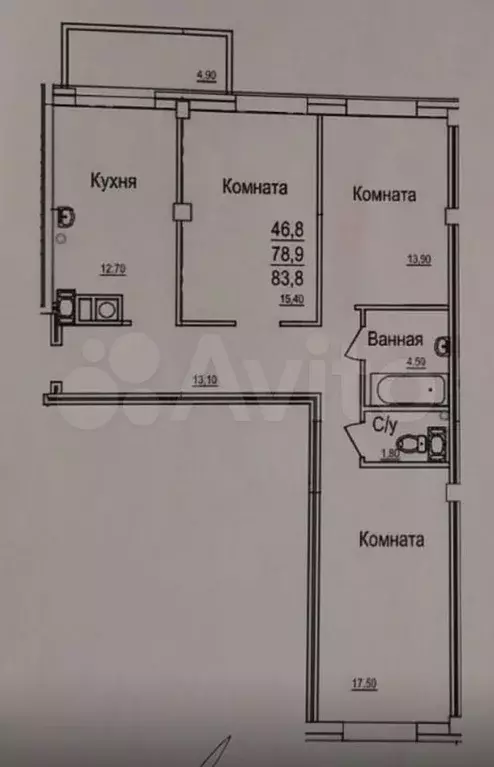 3-к. квартира, 83,8 м, 9/10 эт. - Фото 0