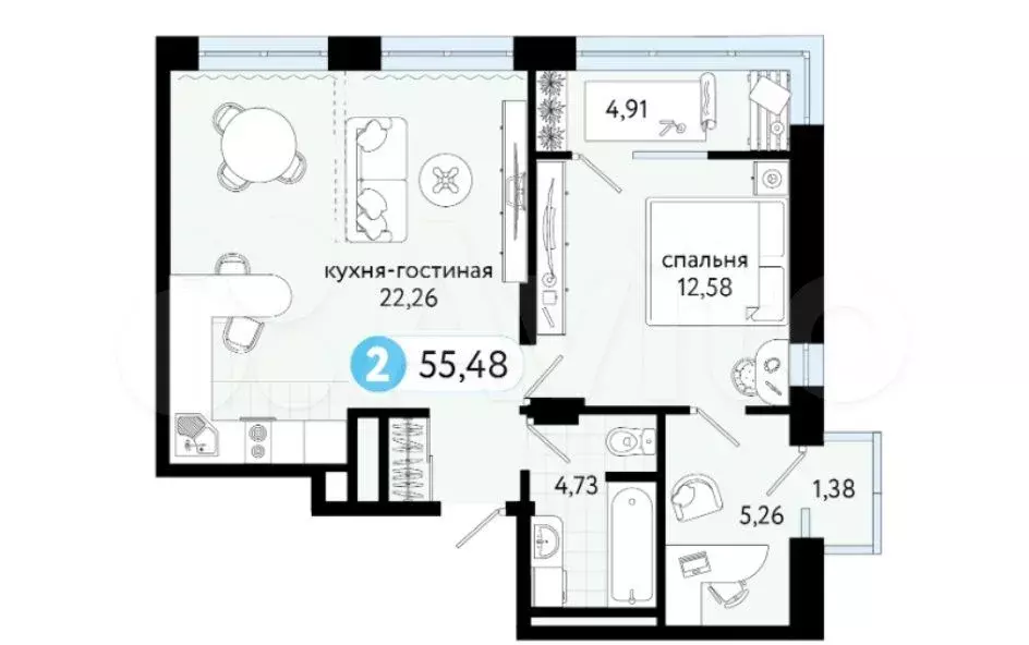 2-к. квартира, 55 м, 4/13 эт. - Фото 1