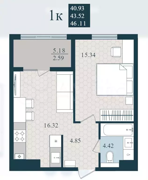 1-к. квартира, 46,1 м, 1/9 эт. - Фото 1