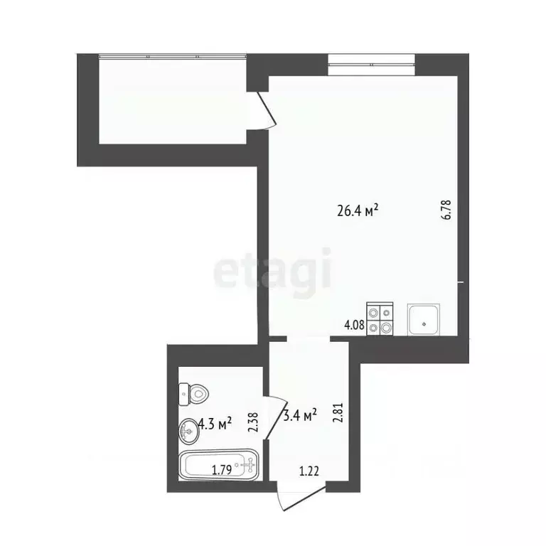 Студия Тюменская область, Тюмень Таврическая ул., 9к4 (34.4 м) - Фото 2