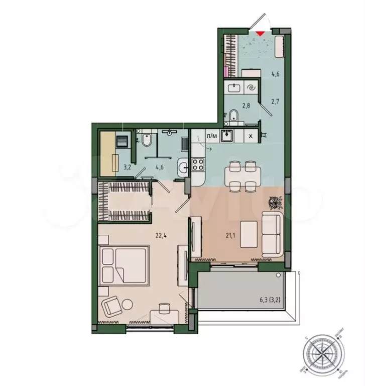 1-к. квартира, 64,5 м, 6/9 эт. - Фото 1