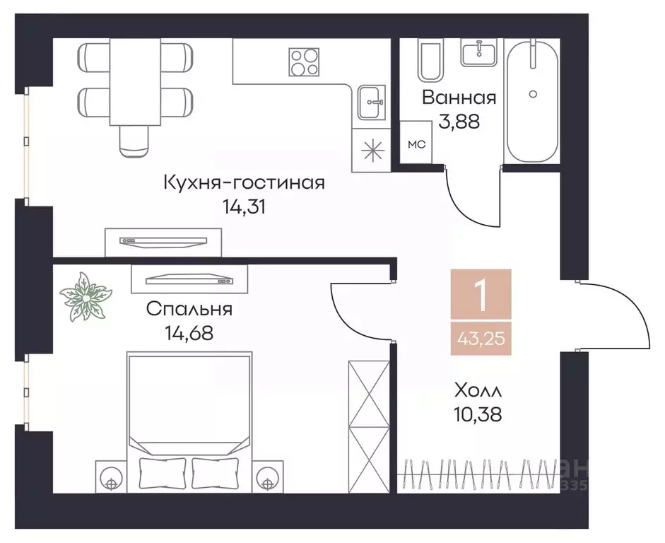 1-к кв. Рязанская область, Рязанский муниципальный округ, с. Поляны  ... - Фото 1