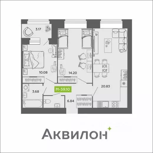 2-к кв. Архангельская область, Архангельск Аквилон Роса жилой комплекс ... - Фото 1