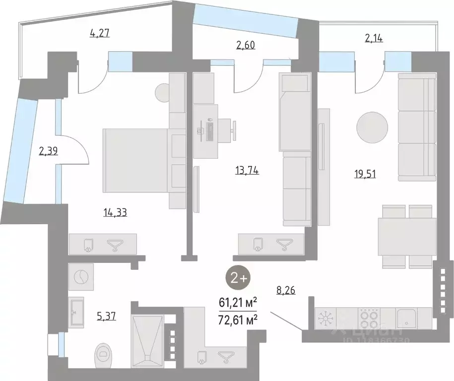 2-к кв. Тюменская область, Тюменский муниципальный округ, с. Кулаково ... - Фото 1