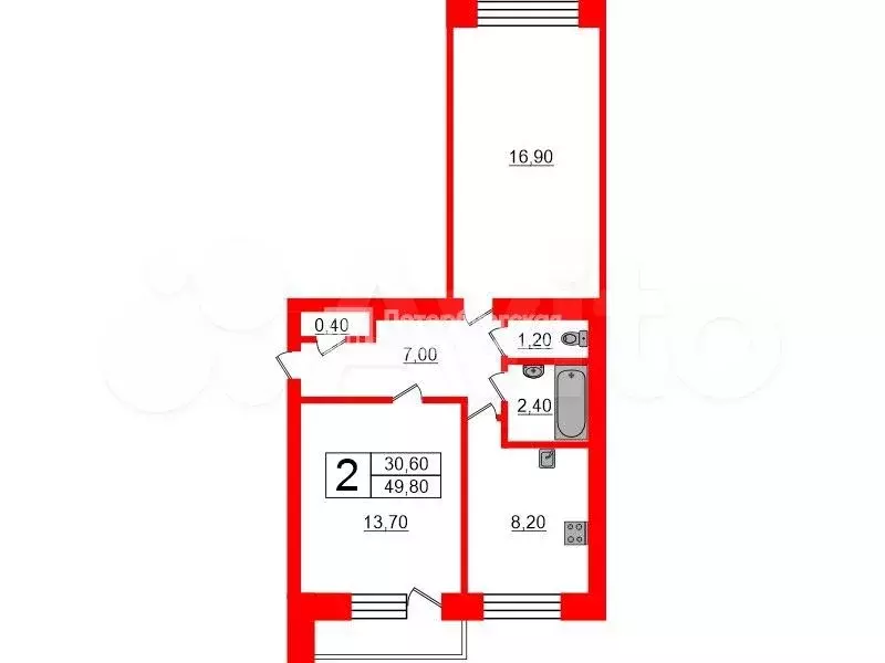 2-к. квартира, 49,8 м, 8/9 эт. - Фото 0