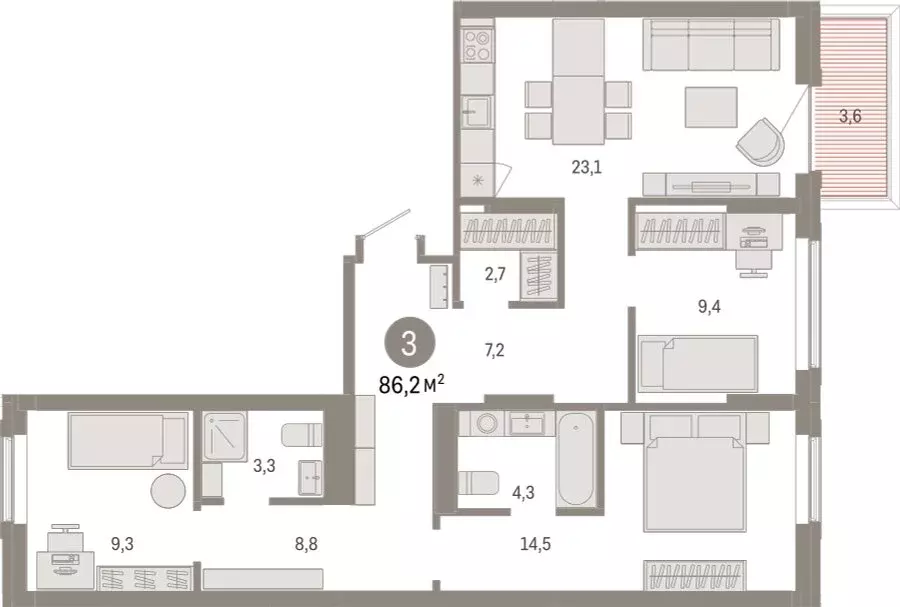 3-комнатная квартира: Омск, Кировский округ (86.17 м) - Фото 1