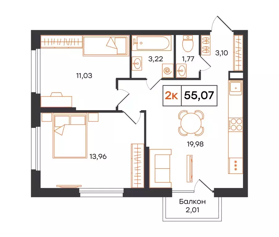 2-к кв. Тюменская область, Тюмень Полевая ул., 117к12 (55.07 м) - Фото 1