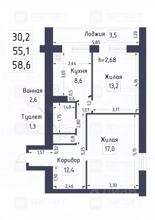 2-к кв. Татарстан, Казань ул. Сафиуллина, 32а (55.1 м) - Фото 2
