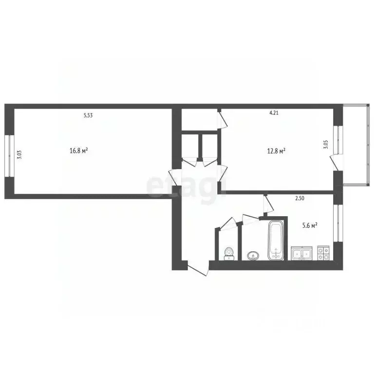 2-к кв. Челябинская область, Челябинск ул. Образцова, 19 (46.8 м) - Фото 2