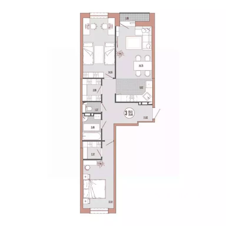 3-к кв. Приморский край, Владивосток ул. Адмирала Юмашева (70.46 м) - Фото 0