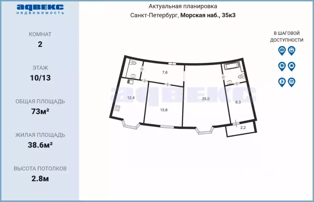 2-к кв. Санкт-Петербург Морская наб., 35К3 (73.0 м) - Фото 1