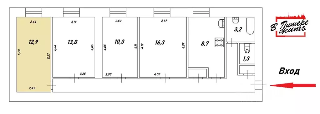 Комната Санкт-Петербург пер. Климов, 5 (12.9 м) - Фото 1