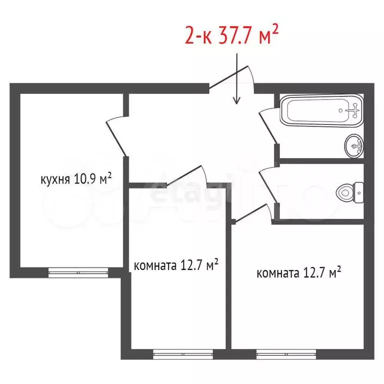 2-к. квартира, 37,7 м, 9/9 эт. - Фото 1