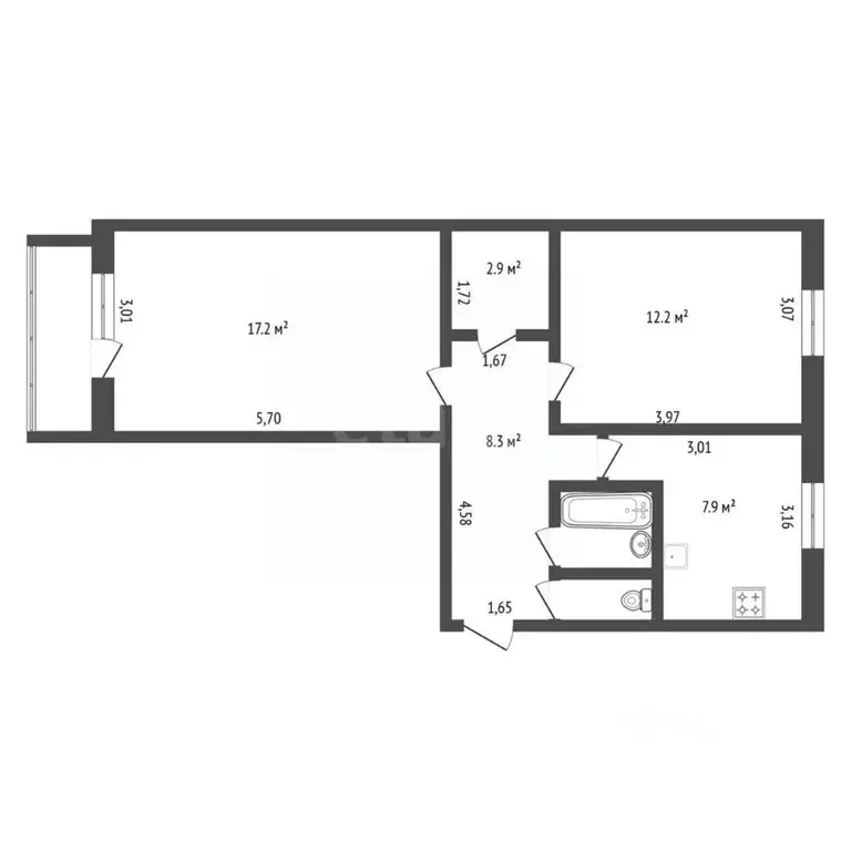 2-к кв. Амурская область, Благовещенск Трудовая ул., 49 (51.8 м) - Фото 1