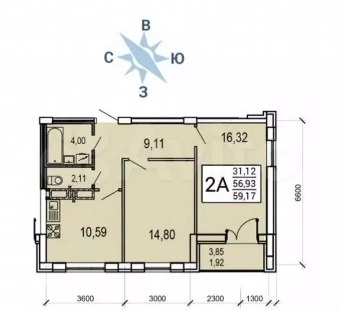 2-к. квартира, 60м, 10/20эт. - Фото 0