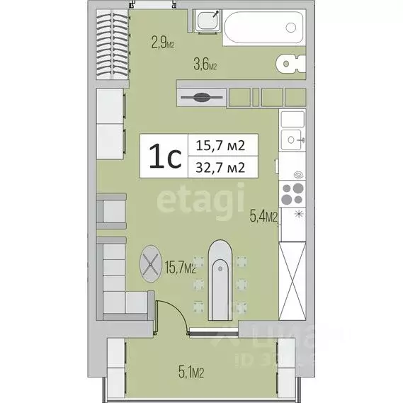 Студия Оренбургская область, Оренбург ул. Гаранькина, 25/1 (32.7 м) - Фото 1