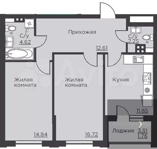 2-к. квартира, 64,6 м, 2/18 эт. - Фото 0