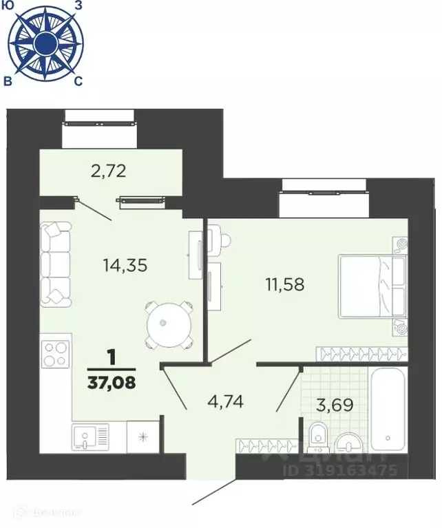 1-к кв. Рязанская область, Рязань ул. Семчинская, 11к2 (37.08 м) - Фото 0
