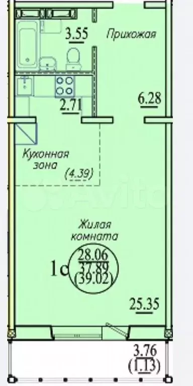 Квартира-студия, 39 м, 2/10 эт. - Фото 0