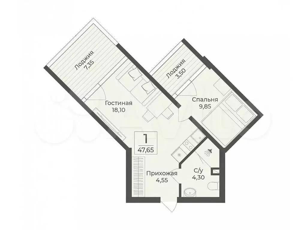 2-к. квартира, 47,7 м, 6/9 эт. - Фото 0