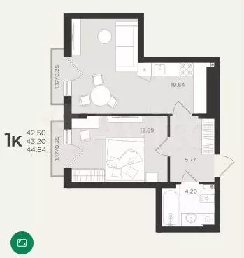 1-к. квартира, 44,8 м, 4/4 эт. - Фото 1