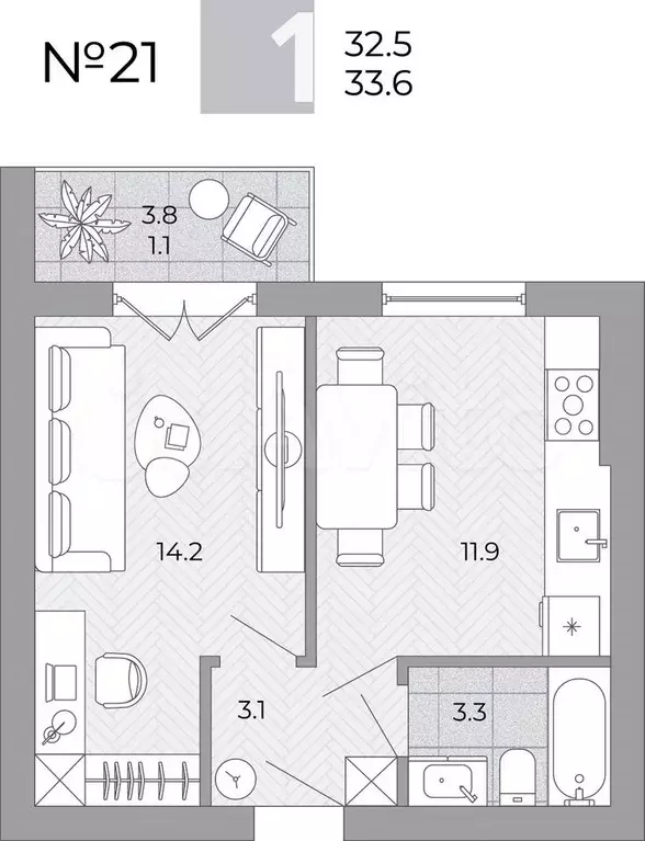 1-к. квартира, 33,6 м, 3/4 эт. - Фото 0