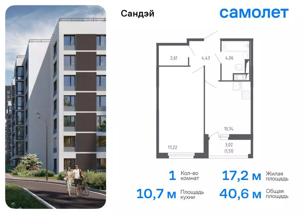 1-к кв. Санкт-Петербург Сандэй жилой комплекс, 7.3 (40.57 м) - Фото 0