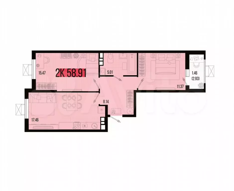 2-к. квартира, 58,9 м, 4/7 эт. - Фото 1