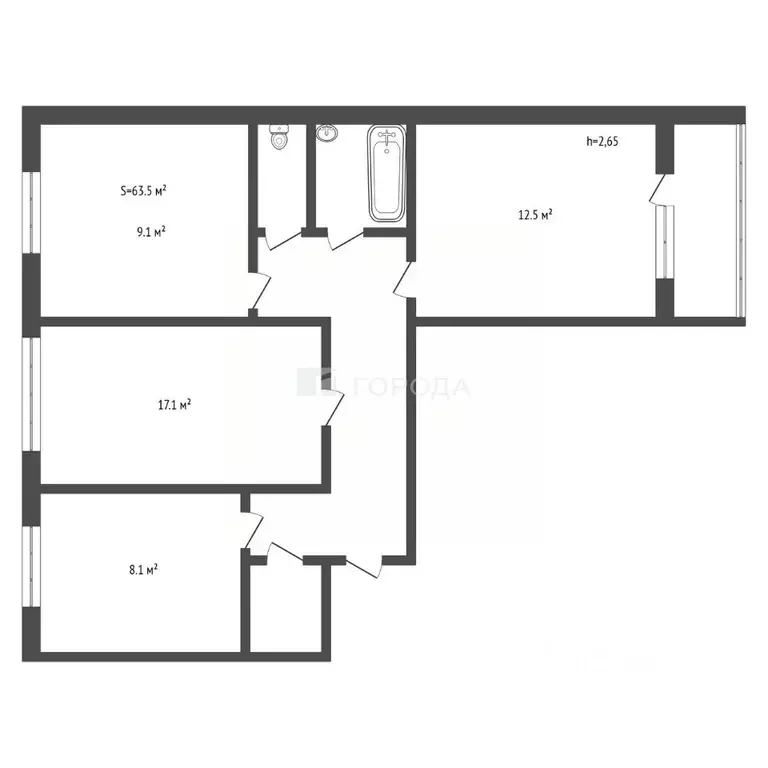 3-к кв. Кемеровская область, Новокузнецк ул. Тольятти, 58 (63.3 м) - Фото 2