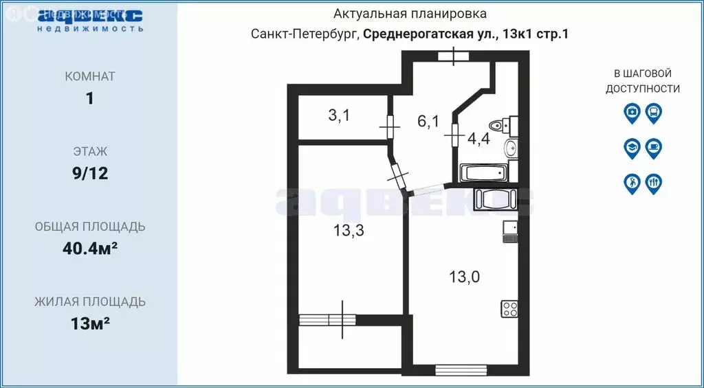 1-комнатная квартира: Санкт-Петербург, Среднерогатская улица, 13к1 ... - Фото 2