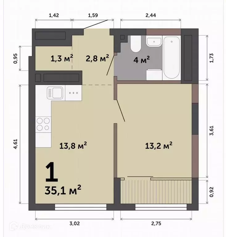 Продаётся 1-к квартира, 35.1 м - Фото 1