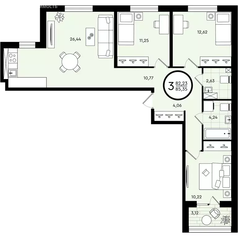 3-комнатная квартира: Тюмень, улица Александра Звягина, 5 (85.35 м) - Фото 0