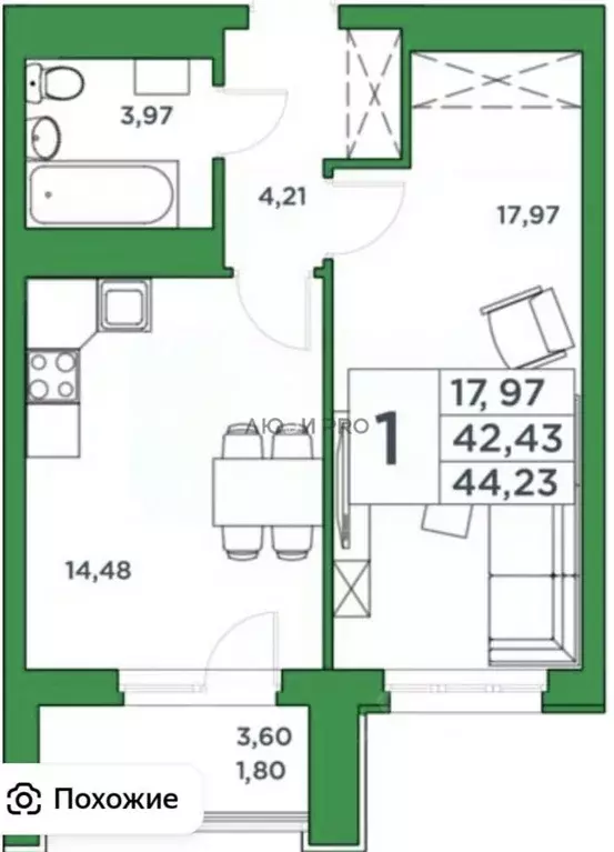 1-к кв. Башкортостан, Уфа Комсомольская ул., 8 (44.23 м) - Фото 2