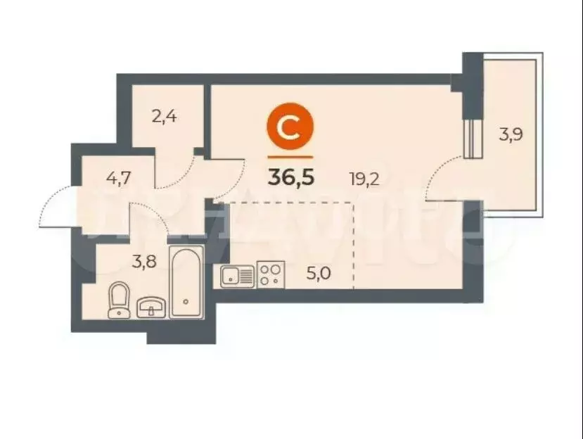 Квартира-студия, 36,5 м, 8/16 эт. - Фото 0