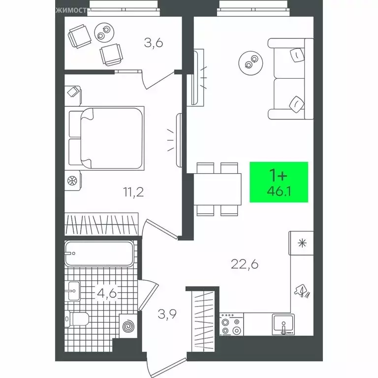 1-комнатная квартира: Тюмень, улица Василия Малкова, 19 (46.13 м) - Фото 0