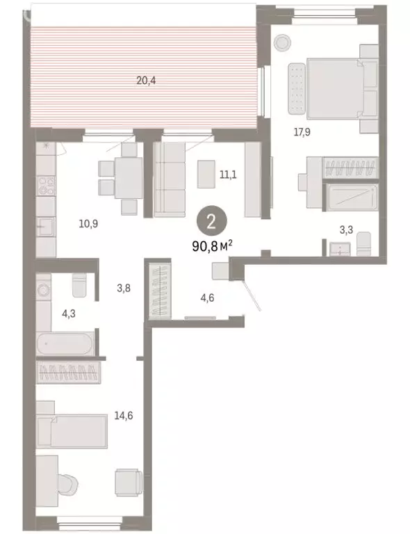 2-комнатная квартира: Тюмень, Мысовская улица, 26к2 (90.81 м) - Фото 2