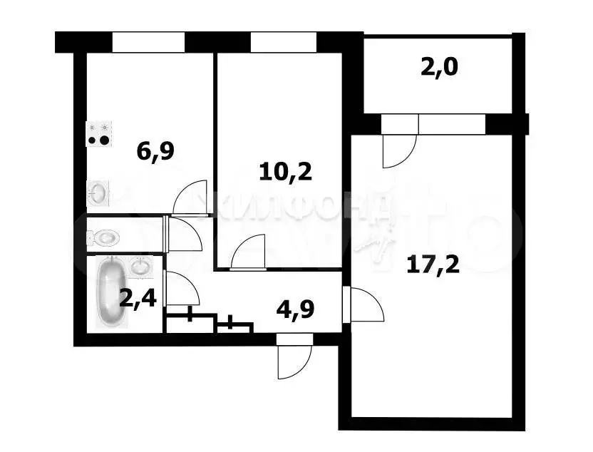 2-к. квартира, 43,6 м, 7/9 эт. - Фото 0