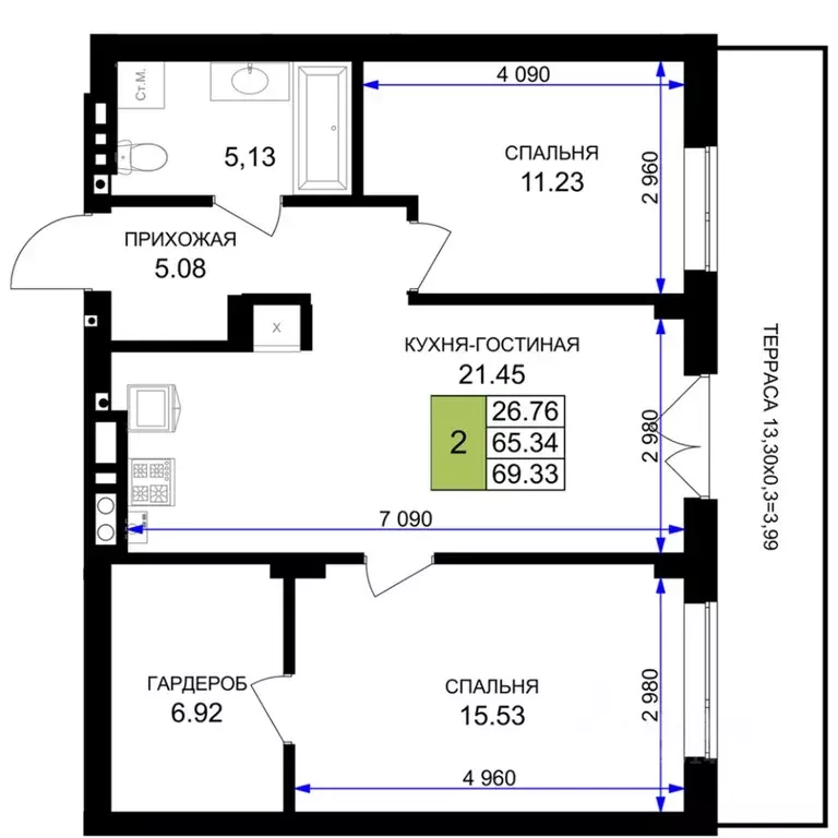 2-к кв. Калининградская область, Гурьевск Включи жилой комплекс (69.33 ... - Фото 1