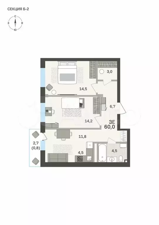 3-к. квартира, 60 м, 3/6 эт. - Фото 0