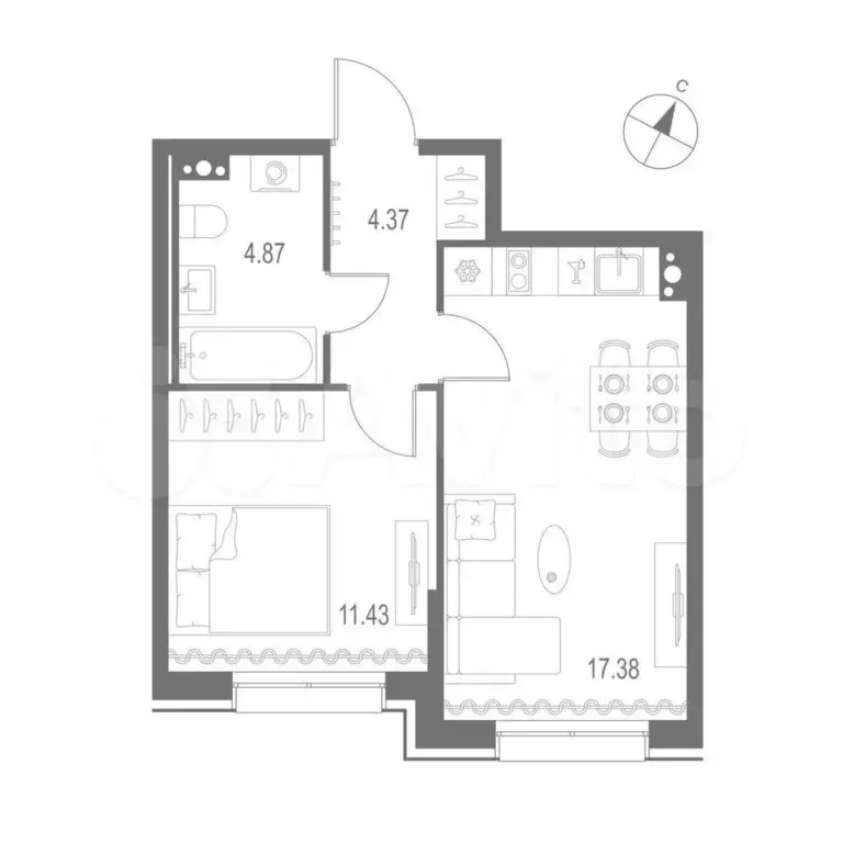 1-к. квартира, 38,1 м, 7/11 эт. - Фото 0