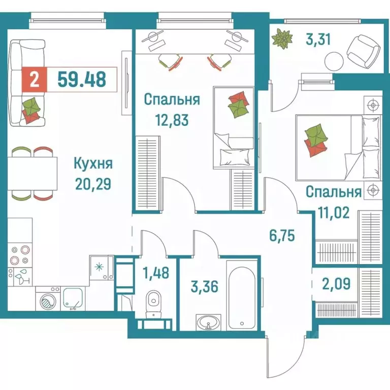 2-к кв. Ленинградская область, Мурино Всеволожский район, Графика ... - Фото 0