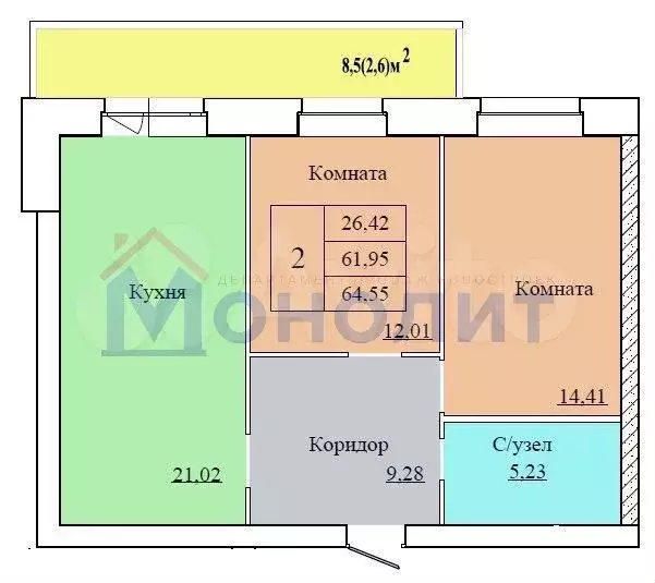 2-к. квартира, 64,6 м, 10/12 эт. - Фото 1